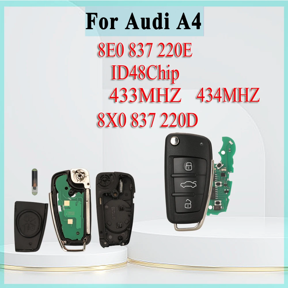 

jingyuqin Remote control folding car key 433/434MHZ ID48Chip For Audi 8X0837220D 8E0837220E Audi A4 (11/2004 - 06/2008)