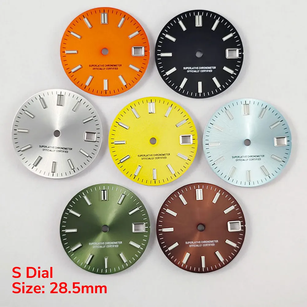 28.5mm High Quality S Dial Watch Silver Edge Suitable for NH35 NH36 A Movement S LOGO Dial Date Green Luminous Watch Accessories