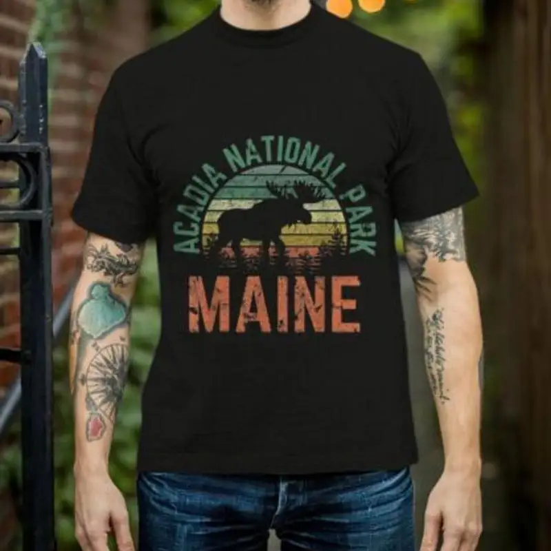 

Acadia National Park Maine Moose Hiking Retro Sunset T Shirt