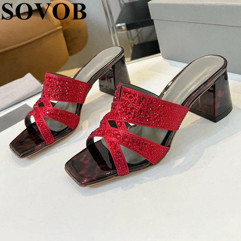 

Summer Bling Rhinestone Decorative Square Toe Slippers Women Chunky High-Heeled Gladiator Open Toe Sandals Party Dresses Shoes