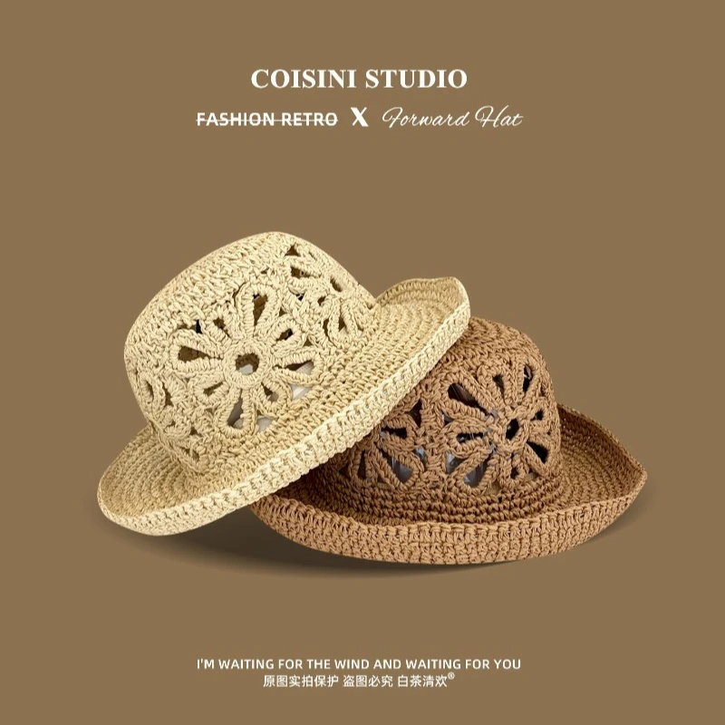 

Women Handmade Crochet Flower Hollow Out Straw Hat Summer Breathable Show Face Small Seaside Vacation UV Protection Sun Cap