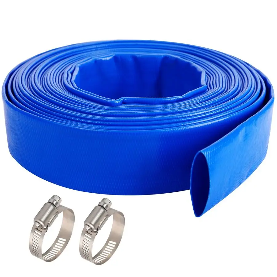 

x 100 FT Pool Backwash Hose, Blue Heavy Duty Reinforced PVC Lay Flat Water Discharge Hose for Swimming Pool Filter Pump,with 2 C