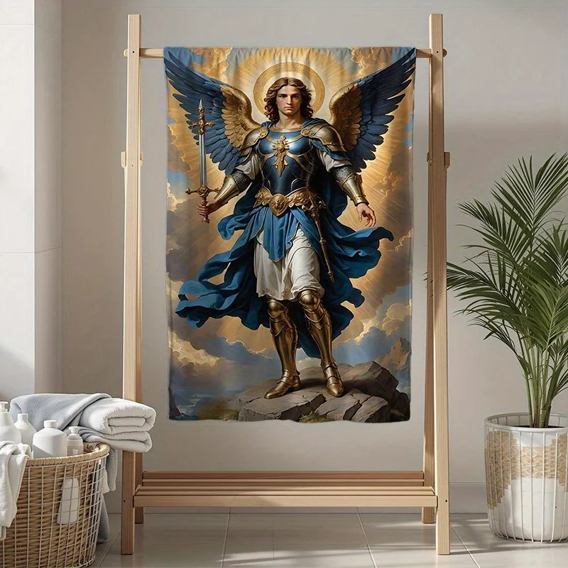 Angel with Sword Blanket, Medieval Blue & Gold, Soft Flannel Throw for Home, Office, Camping – Luxe Gothic All-Season Gift
