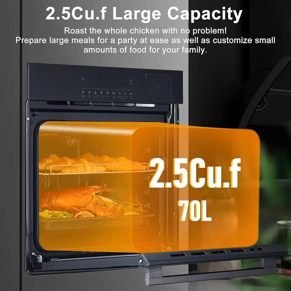 เตาอบไฟฟ้า 24 นิ้วเตาอบพาความร้อนในตัวพร้อมฟังก์ชั่นอบไอน้ํา Air Fry 3000W 8 โหมดทําอาหารควบคุมแบบดิจิตอล