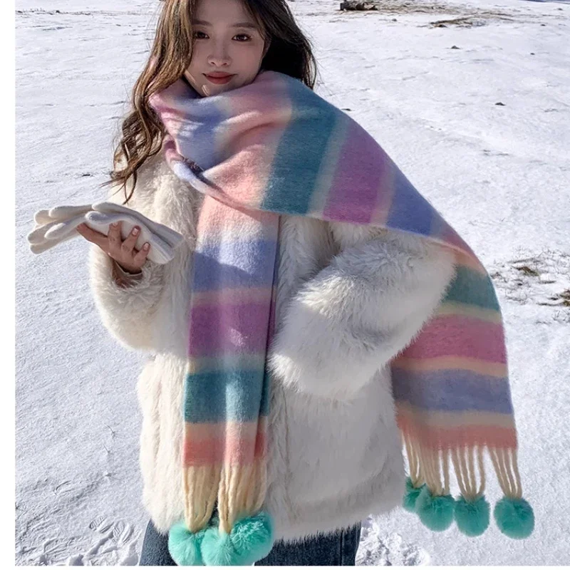 Japanese Colorful Mohair Scarf Winter Wrap Women's High-end Sense Atmosphere Rainbow Striped Super Long Hairball Scarves Female