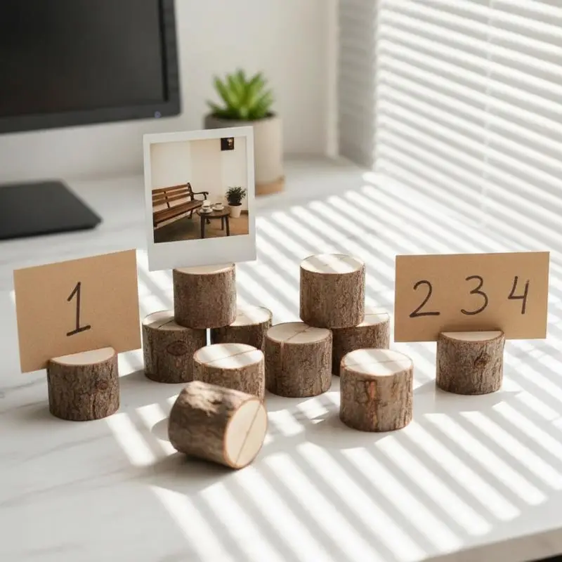 10Pcs Natural Handmade Rustic Tree Bark Wooden Photo Card Holders Picture Stands Wedding Table Home Office Decor
