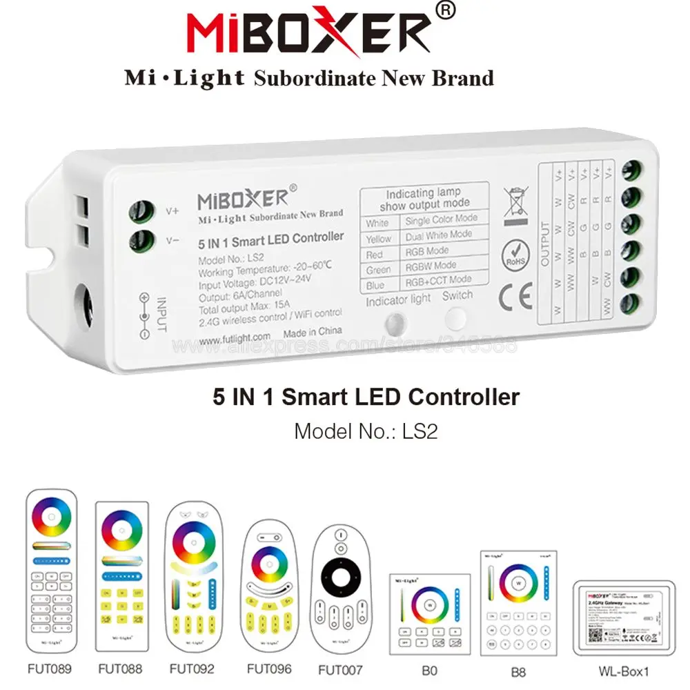 Умный светодиодный контроллер MiBoxer LS2 5 в 1, 12 В постоянного тока, 24 В, 15 А, Одноцветный, CCT, RGB, RGBW, RGB + CCT светодиодный Светодиодная