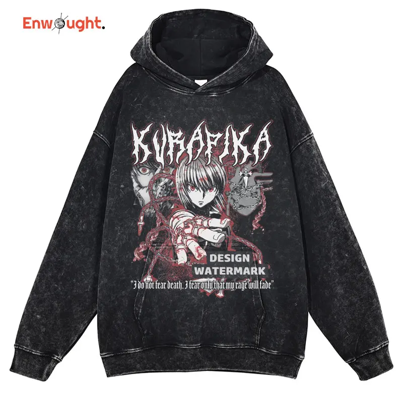 

Hunter X Hunter Hoodie Anime Gon Killua Kurapika Print Vintage Washed Hooded Sweatshirts Oversized Pullover Manga Hoodie Men