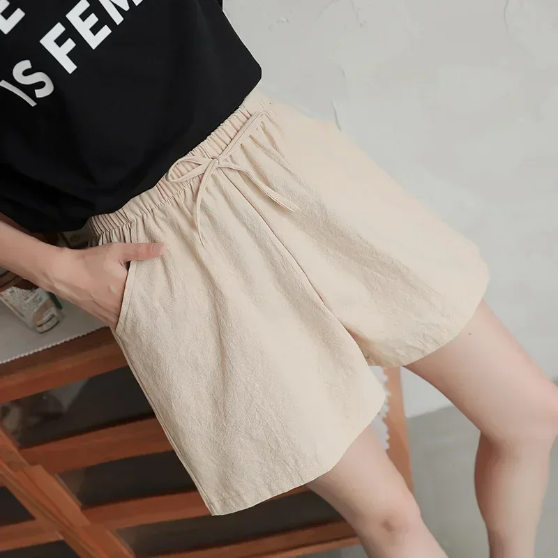 2024 Women Cotton Linen Shorts Summer Casual Solid Pockets Shorts High Waist Loose Shorts for Girls Soft Plus Size Female Short