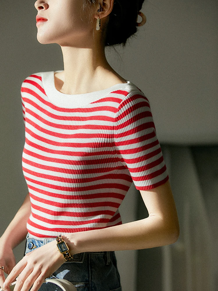 Black T Shirt Women Striped Slash Neck Korean Fashion Tee Shirts Short Sleeve Summer Knit Tops T-shirts Casual Women's Clothes