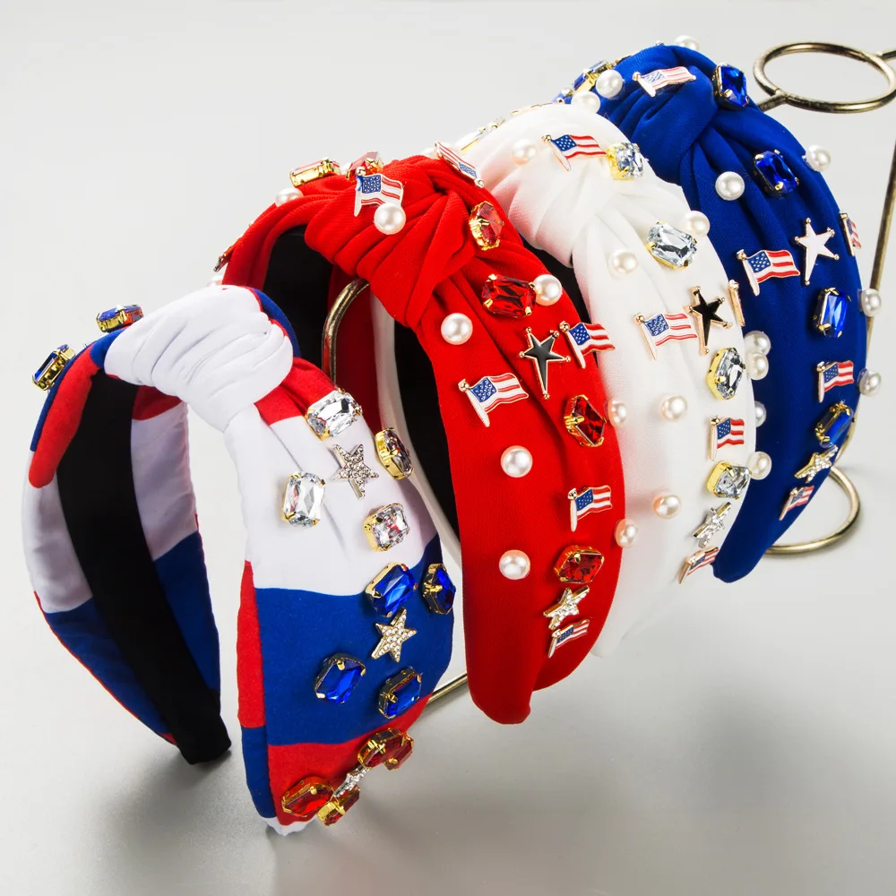 New Creative Red White Blue Flag Series Headband Women's Simple Fabric with Pearl Glass Drill Hair Accessories