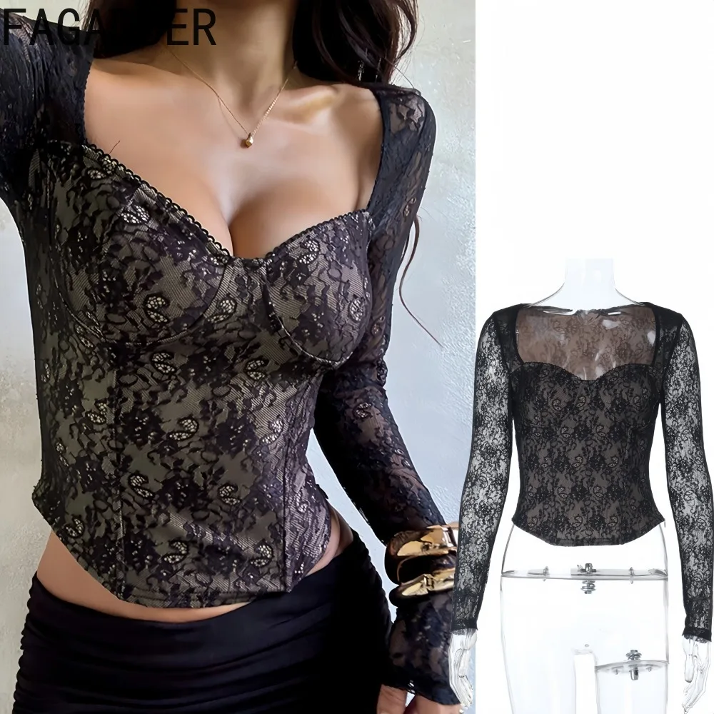 

FAGADOER Sexy lace Patchwork floral printting Bodycon T-Shirt Women low-cut long sleeves T-Shirt Female Streetwear Autumn new