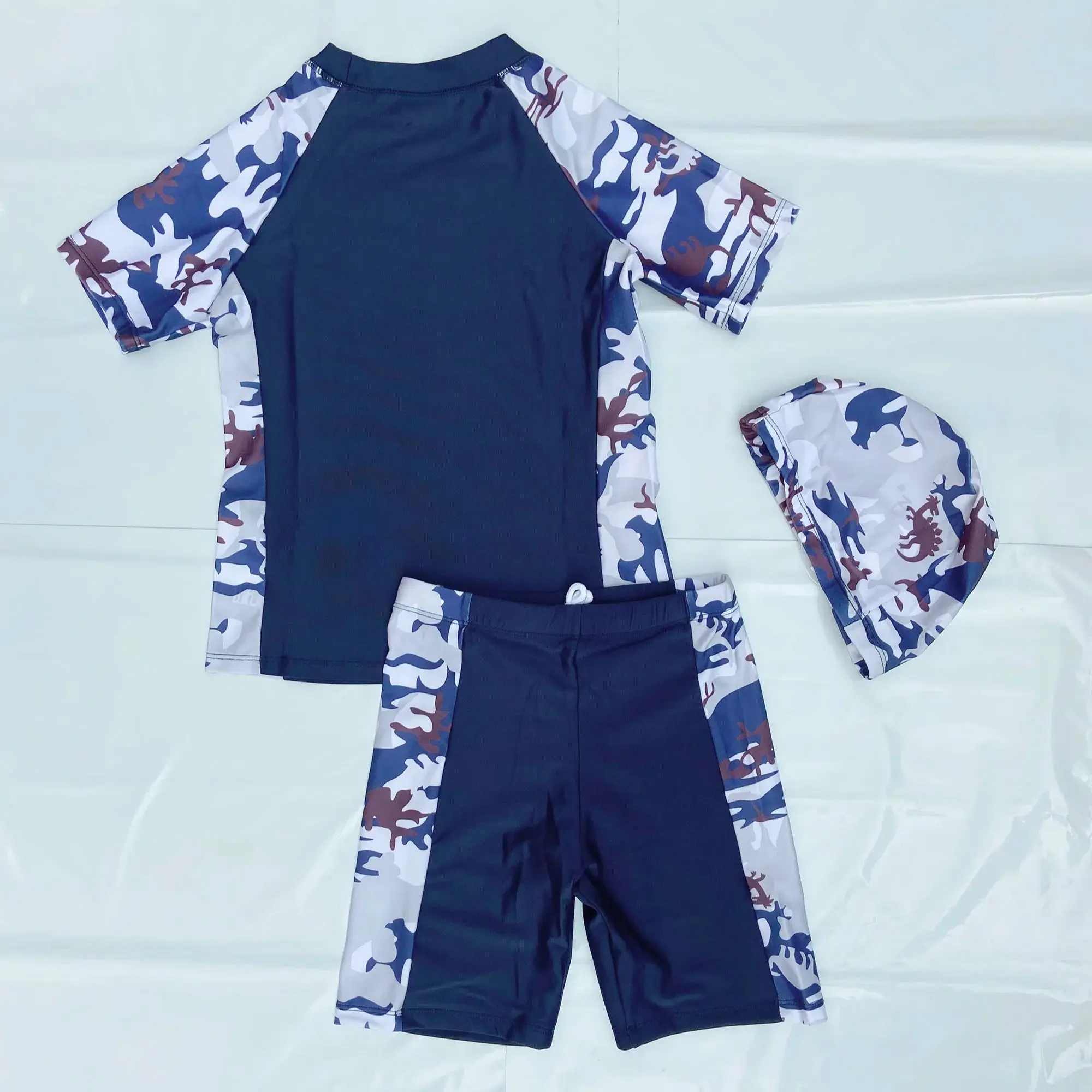 3pcs Boys Teen Casual Letter Graphic Print T-shirt & Swim Trunks & Swimming Cap Swimsuit Bathing Suit Clothes