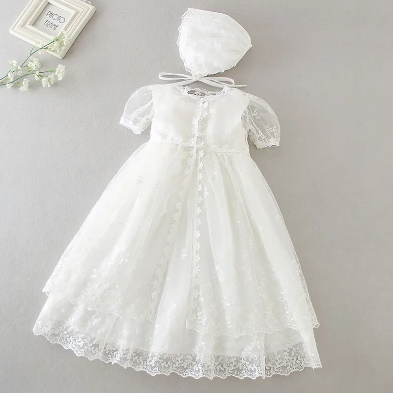 2025 New Summer Toddler Baby Girl Baptism Dress White Lace Mesh Splicing 0-24M Infant Birthday Party Wedding Princess Dress