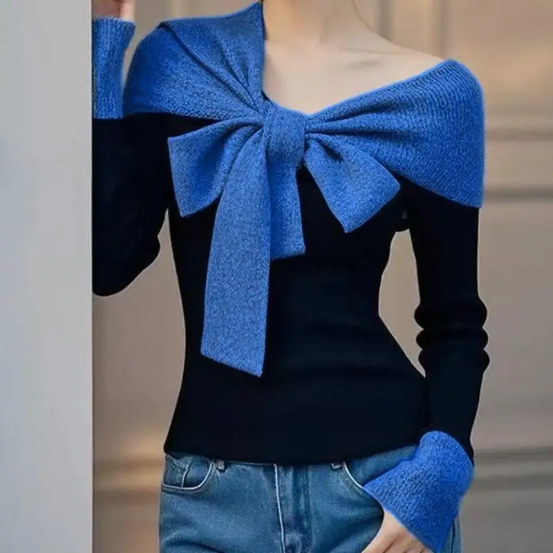 Hot 2025 Autumn Winter New Women Fashion Fake Two Piece Bow Knitted Sweater Light Luxury Design Super Beautiful Knitted Sweater