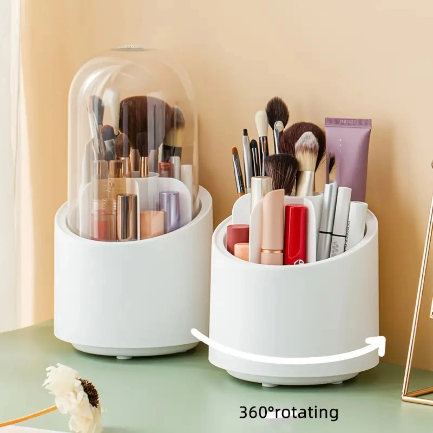 Portable Makeup Brush Holder with Dustproof Cover, 360 Degree Rotatable Cosmetic Storage Box Organizer Case for Bedroom Vanity B