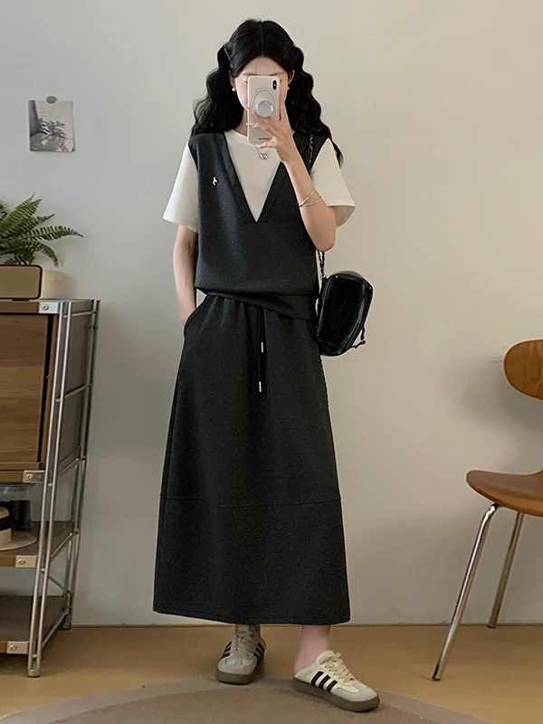 

Летний модный комплект для женщин больших размеров: топ с круглым вырезом и короткими рукавами, юбка с высокой талией, дышащий, утолщенный, из двух частей.