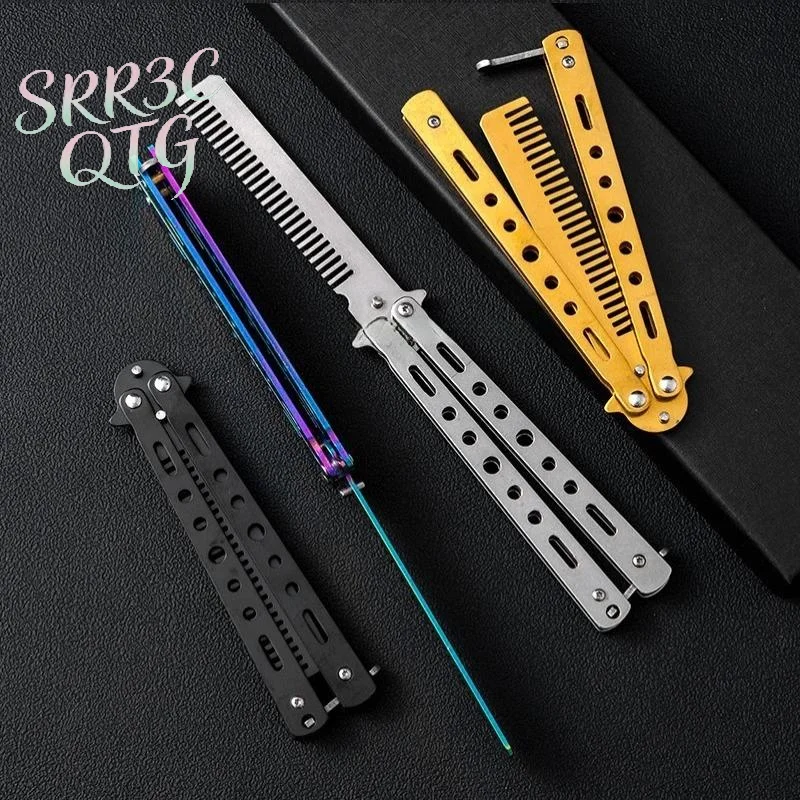 1Pcs Stainless Steel Practice Training Butterfly Knife Comb Beard Moustache Brush Salon Hairdressing Styling Tool Foldable Comb