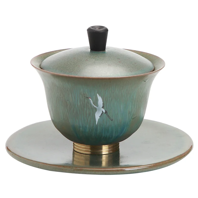 Kiln Roasted Chinese Style Tea Cup Flying Crane with Cover Kiln Roasted Tea Cup