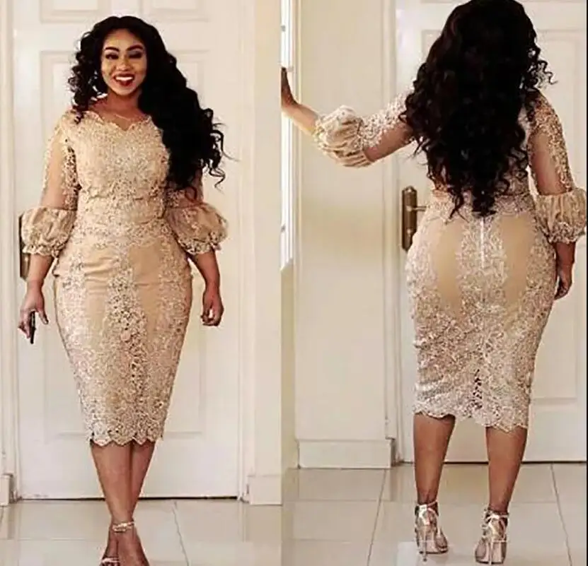 

Champagne Lace Short Mother of the Bride Dresses Plus Size Tea Length 3/4 Long Sleeve aso ebi Mother of Groom Gowns