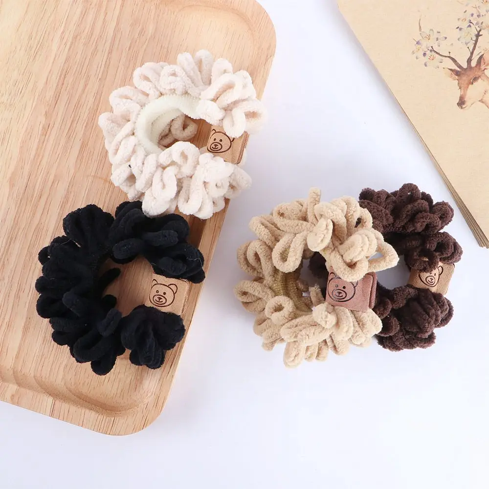 Girls Elastic Headwear Solid Color Cartoon Bear Women Hair Ties Fluffy Velvet Scrunchies Korean Style Hair Rope Rubber Bands