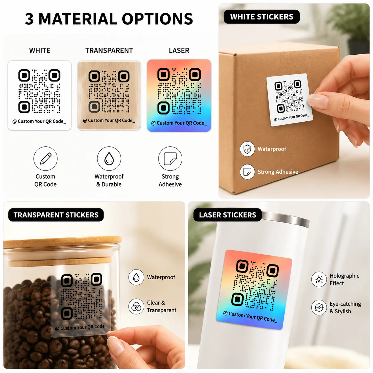Customized Logo Qr Code Stickers, Three Material Options, Personalized Image and Text Labels, Waterproof Round Custom Stickers, Custom Logos, Custom Brand Labels, Personalized Stickers That Are Yours Alone, White/Transparent/Holographic Materials, Suitable for Various Scenarios, Small Business Packaging, Gift Box Seals, Gift Packaging, Thank You Stickers, Weddings, Birthday Baptisms, Identification, Parties, Christmas, Halloween