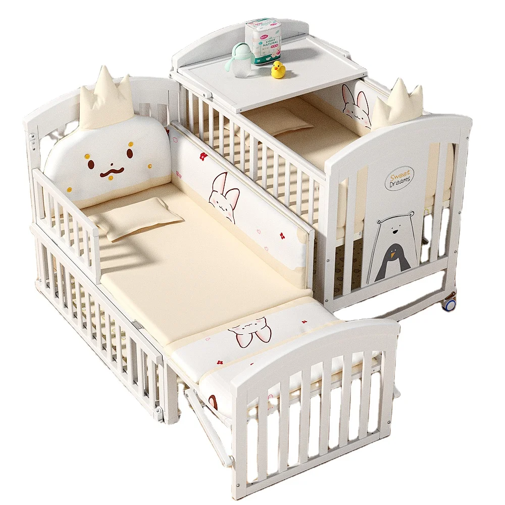 

Multifunctional Newborn Crib European Style Kids Bed Comfortable White Wooden Baby Cribs