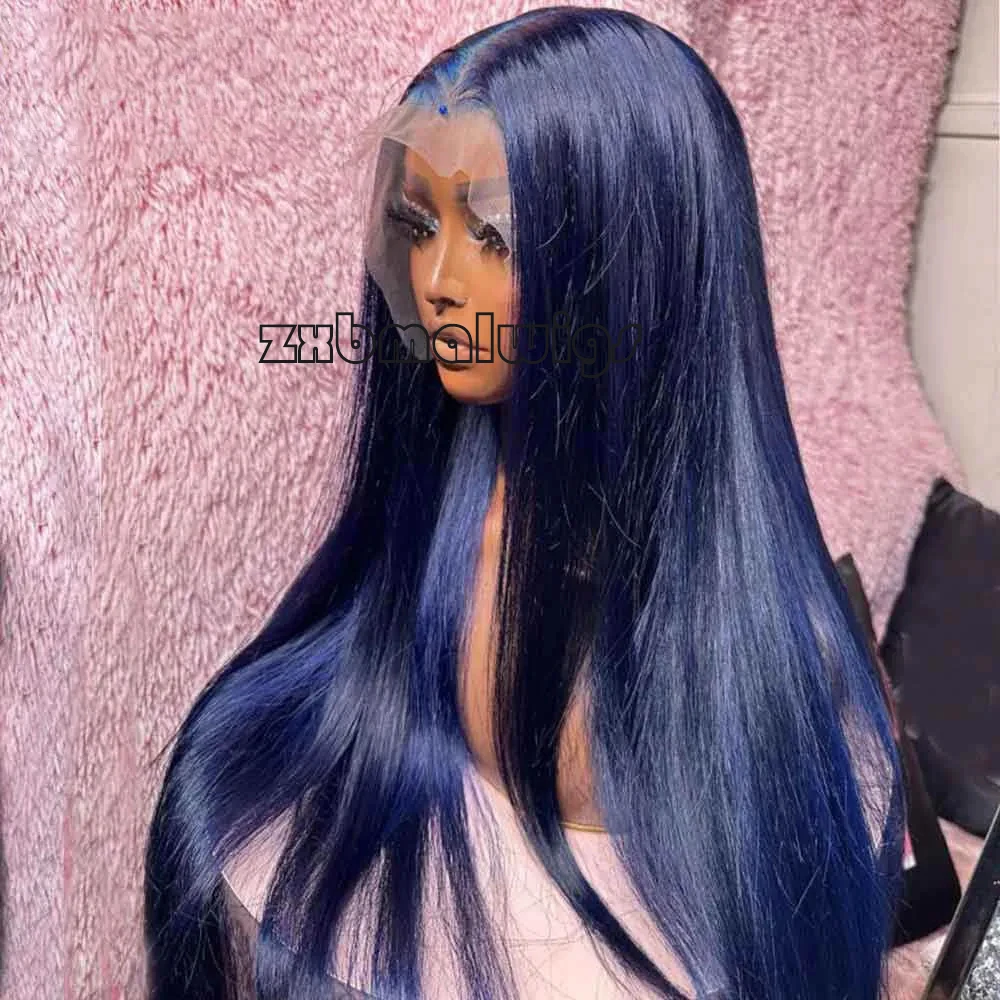 Dark Blue Straight Transparent Lace Frontal Wig Long Lace Front Wig Synthetic Hair Pre Plucked Wigs for Black Women