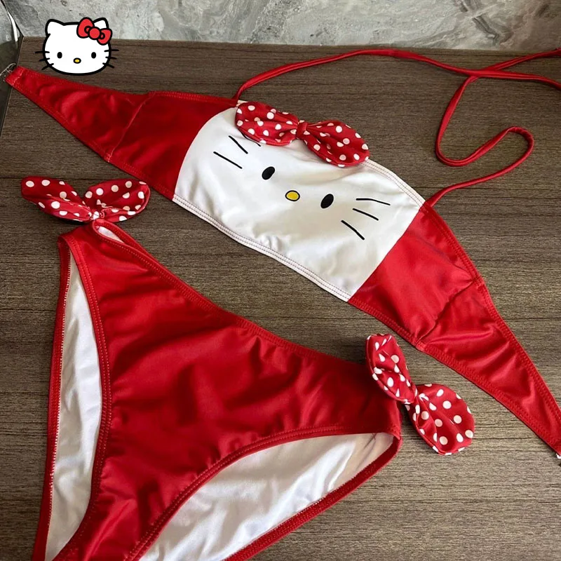 

Модный комплект бикини Hello Kitty для женщин: раздельный купальник для пляжного отдыха, сексуальный летний купальный костюм, стринги для пляжа