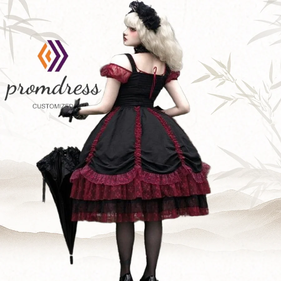 뱀파이어 코스프레 고딕 댄스 파티 드레스 블랙 레드 레이스 짧은 이브닝 드레스 빈티지 할로윈 의상 칵테일 파티 맞춤형