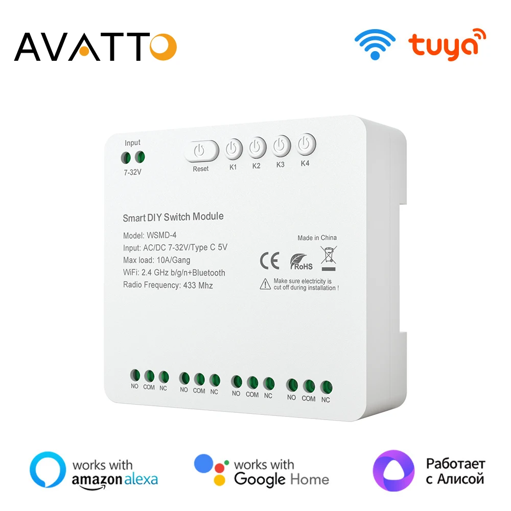 AVATTO Tuya WiFi/ZigBee 4 Channels Switch Module,7-32V/85-250V RF433 Remote Control Relay DIY Module,For Alexa,Google Home,Alice
