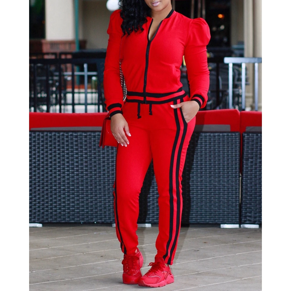 Casual Dames Colorblock Puff Mouw Rits Fly Top & Trekkoord Manchet Broek Set Femme Tweedelige Set Set Sportieve Outfits