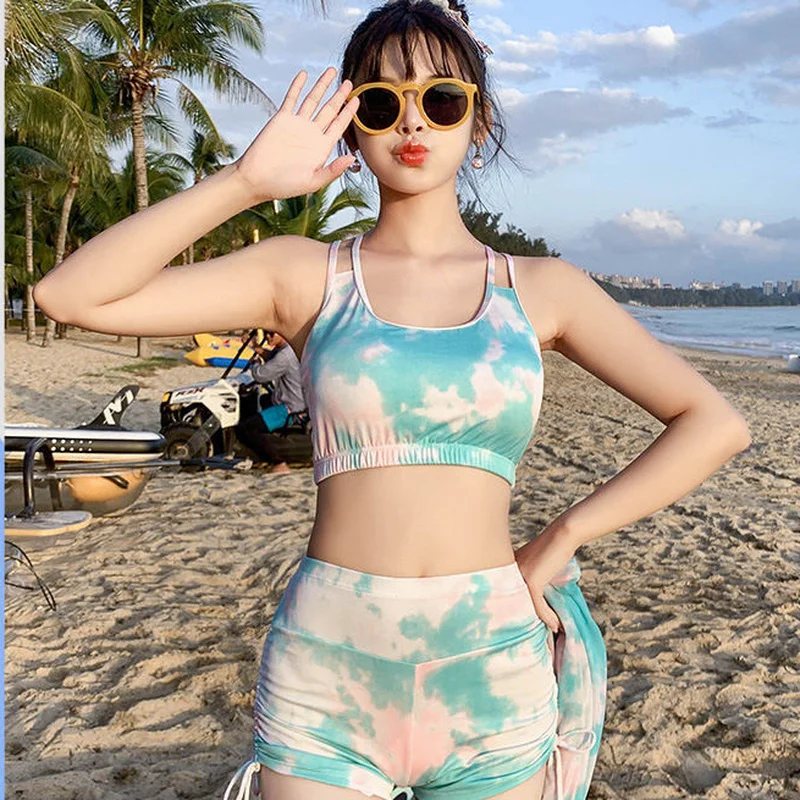 Bikinis Sets Women Chic Three Pieces Mesh Swimwear Summer Hot Vacation Tie Dye Beach Style Daily High Waist Shirring Backless