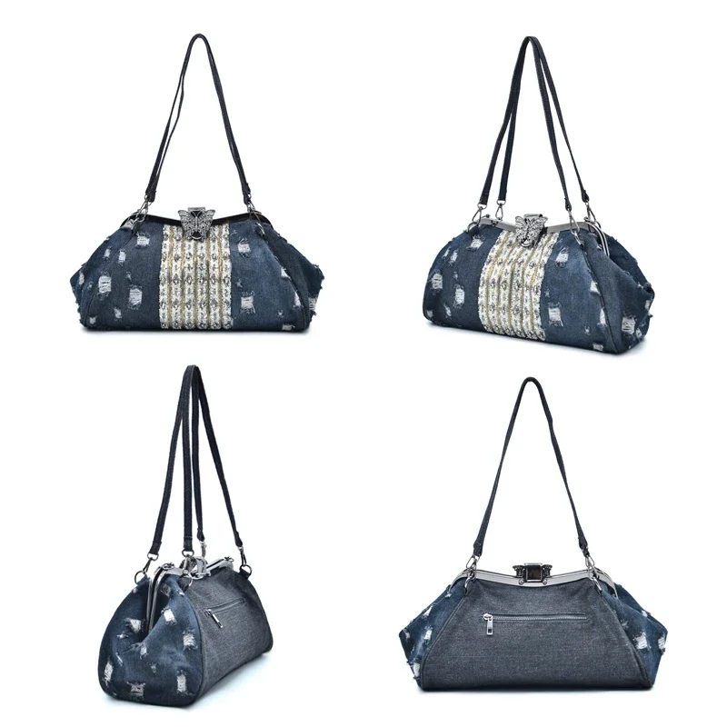 Imagem -03 - Bolsas de Tecido Denim para Mulheres Clipe Borboleta Bolsas de Ombro de Diamante Bolsas Crossbody Monocromáticas Moda de Luxo