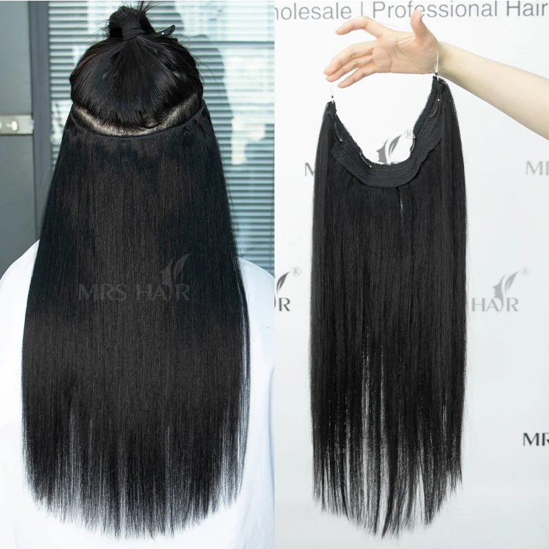 MRS HAIR Jet Black Fish Line Wire Hair Extensions Invisible Clip in Human Hair Extensions 4 Clips Real Natural Hair 12-24Inch - view 3