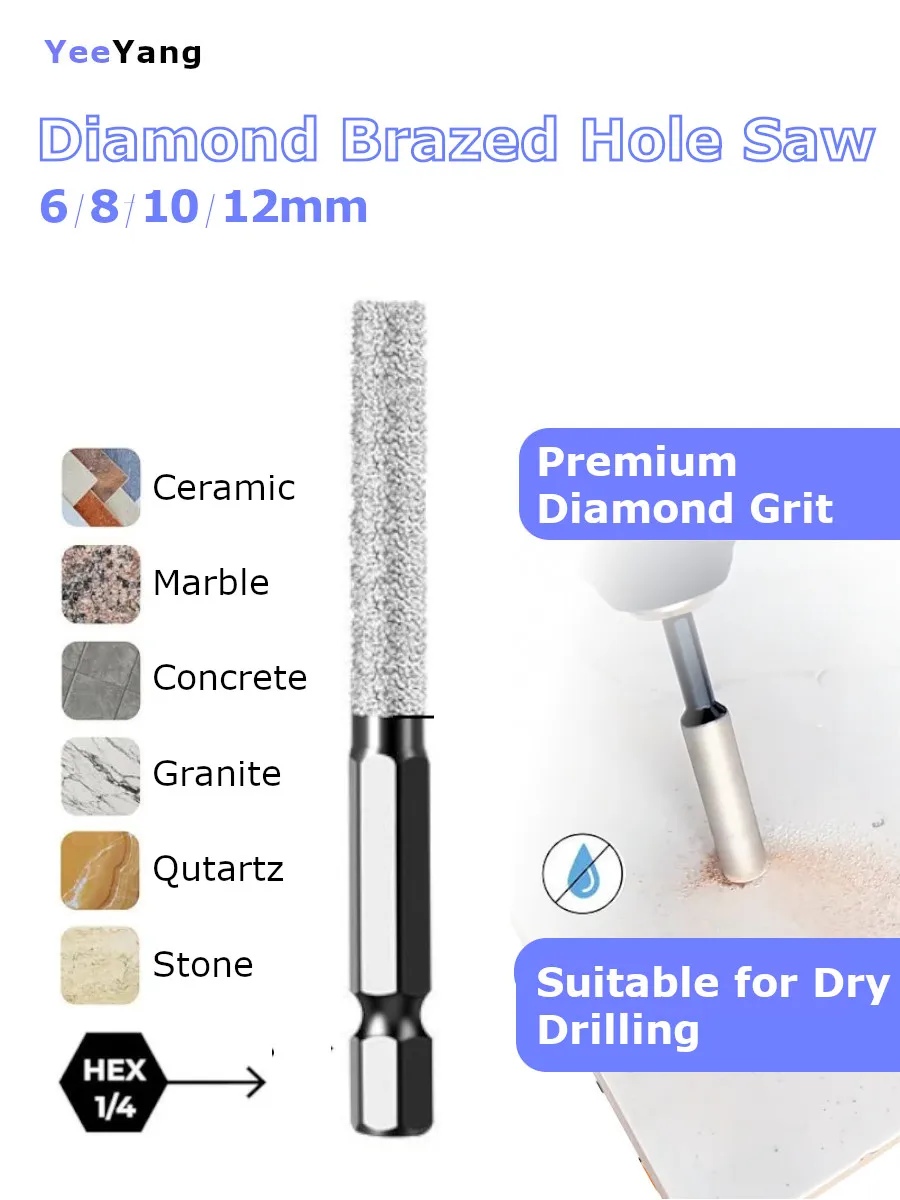 

Hexagonal Shank Brazed Dry Ceramic Tile Drill Bit Marble Granite Tile Hole Opener Diamond Drill Bit Hole Saw 6 8 10 14mm