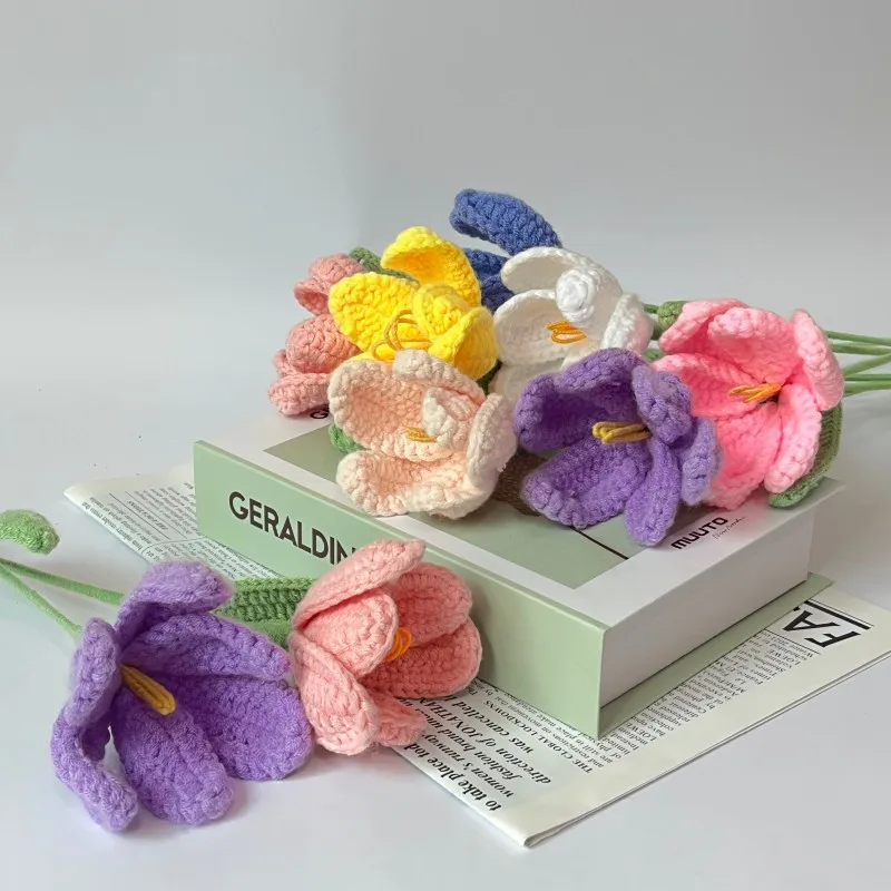 

New Design Tulips Crochet Flowers Knitted Flower Bouquet Finished Handmade Plant Flowers Wedding Party Home Decor Gift