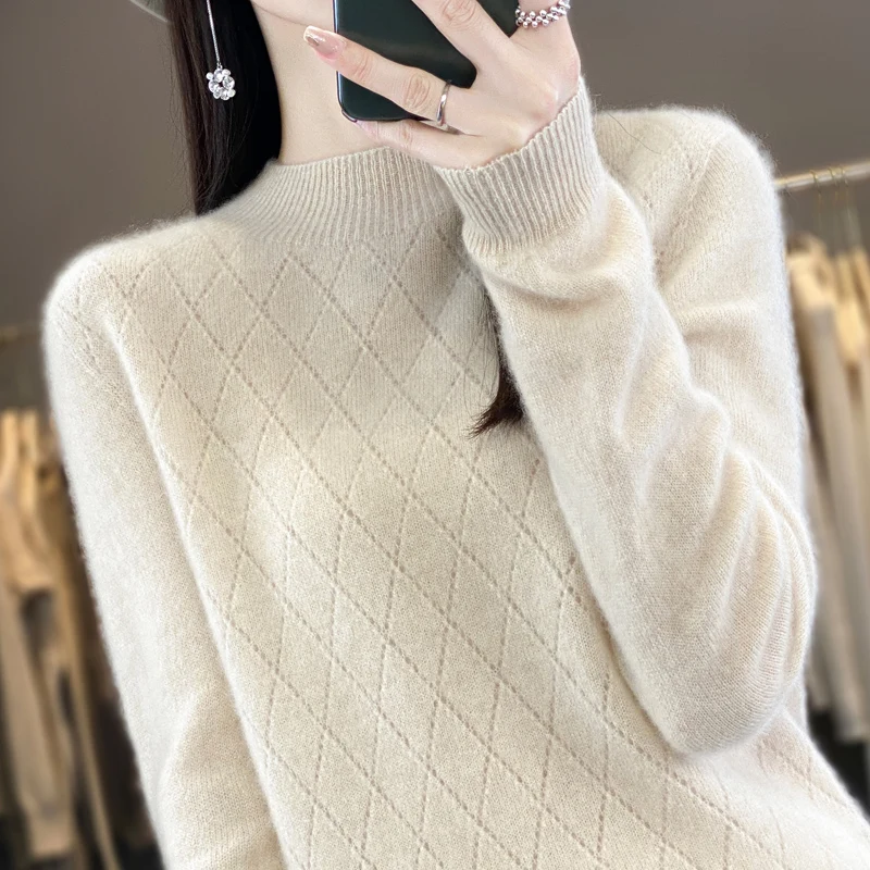 

Autumn/winter pure wool sweater women's semi-turtleneck round neck lozenge wool knitted base sweater thickened