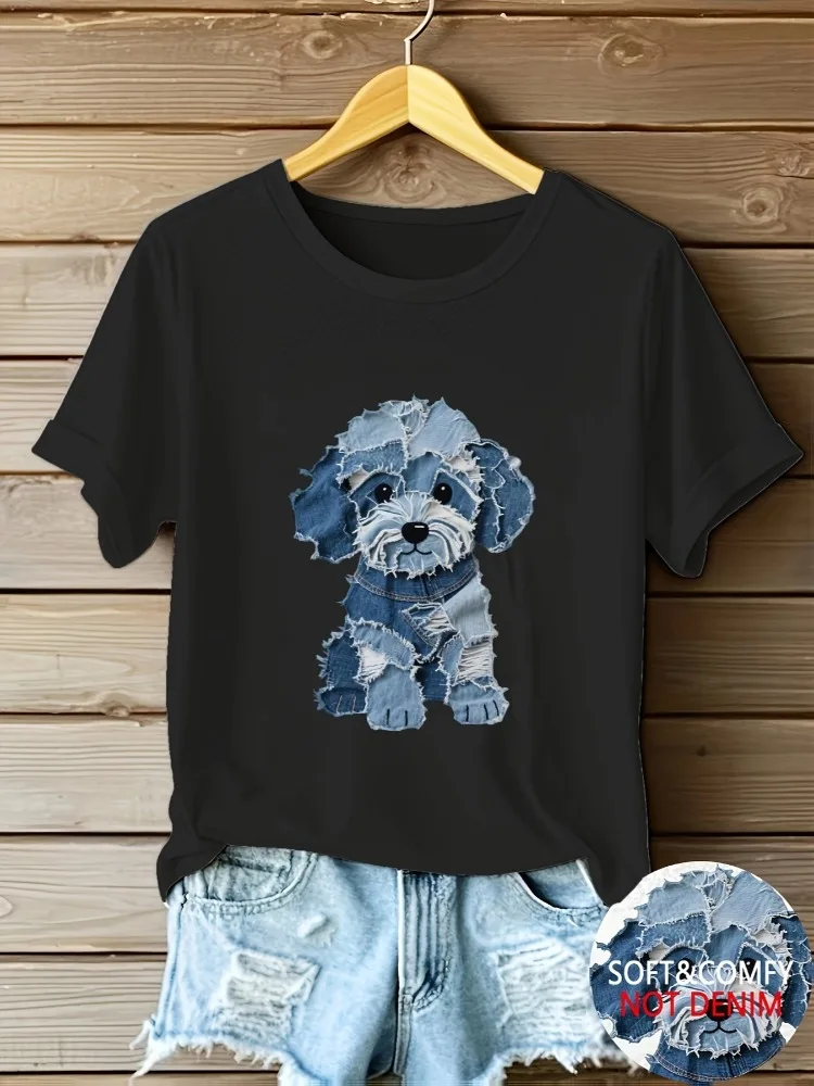 Camiseta informal de manga corta para mujer camiseta cómoda con estampado de perro bonito cuello redondo lavable a máquina