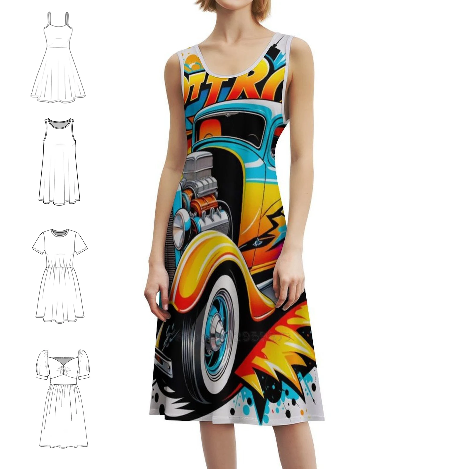 الكلاسيكية الساخن قضيب سيارة البوهيمي فستان بلا أكمام للنساء طباعة فساتين حفلات الشاطئ الساخن قضيب سحب سباق السيارات السريعة عالية المرأة