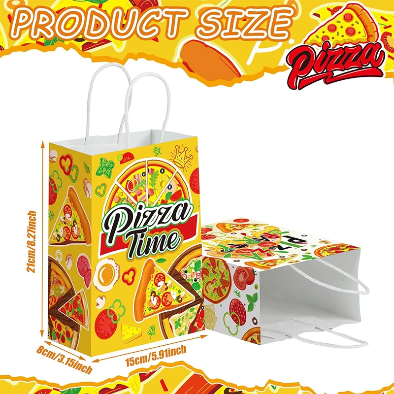 12/24pcs Pizza Themed Party Gift Bags with Handle Cute Pizza Printed Kraft Bags Baby Shower Kids Birthday Party Decor Favors Bag