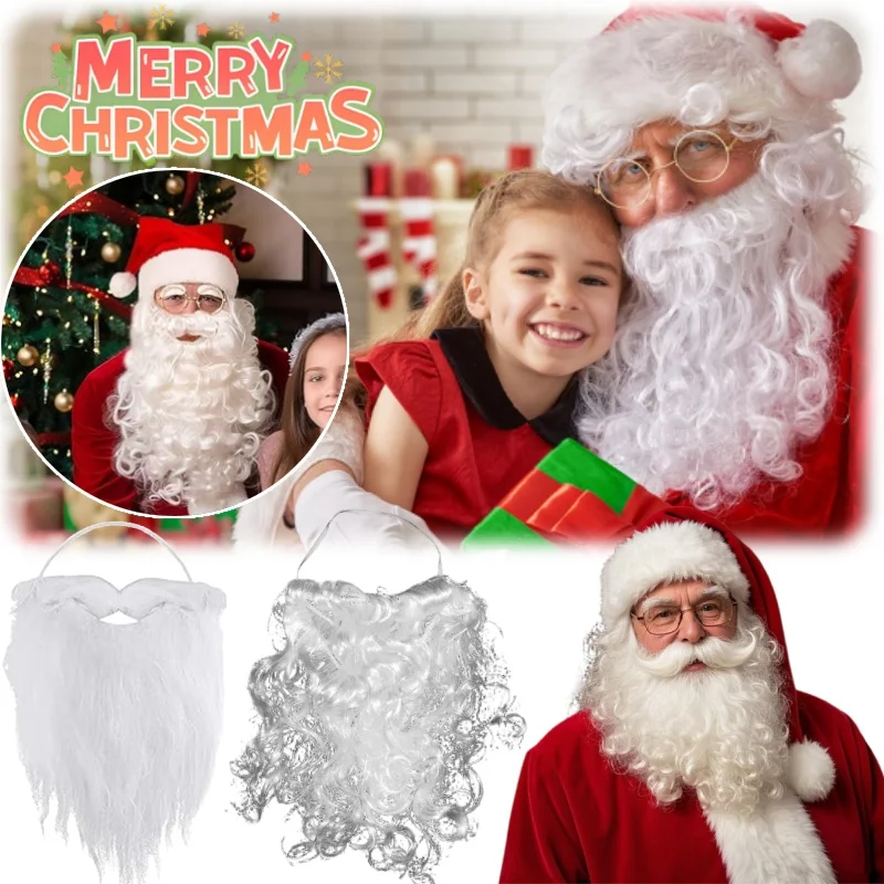 Realistic Santa Beard Costume Accessories Funny Fake Mustache for Christmas Parties White Long Hairy Props for Adults Decoration