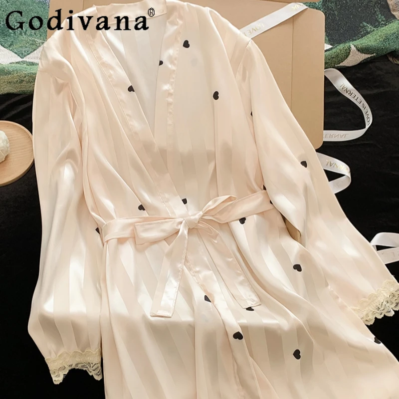 

Court Style Sexy Lace Up Nightgown for Women Ice Silk Lace Patchwork High End Gown Sets Ladies Japanese Style Loungewear