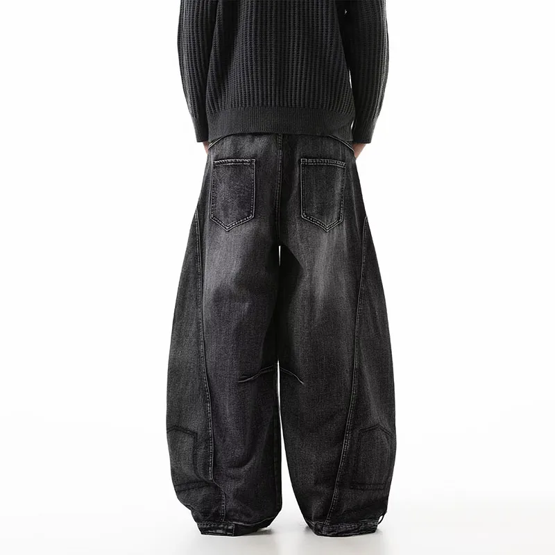 الكورية الرجعية زائد حجم ممزق الجينز الرجال واسعة الساق السراويل المنحنية المألوف عارضة فضفاض مستقيم الساق السراويل