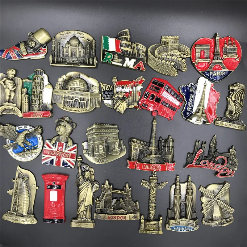 

Metallic Fridge Magnets of Various Countries's Famous Landmarks France UJerusalem Travelling Souvenirs Magnetic Stickers Metal