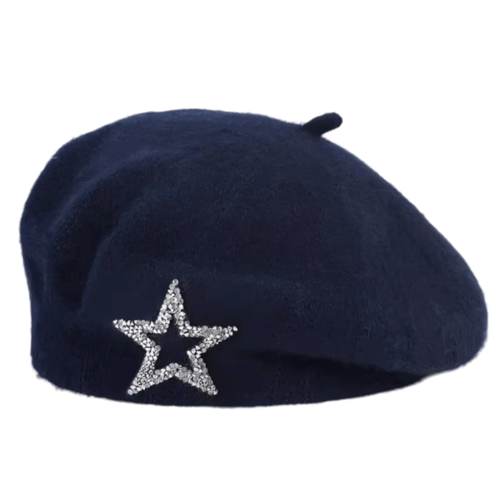 Five-Pointed Star Wool Beret Soft Solid Color Knitted Painter Hat Rhinestone Decor Warm Beanie Cap Street Photography
