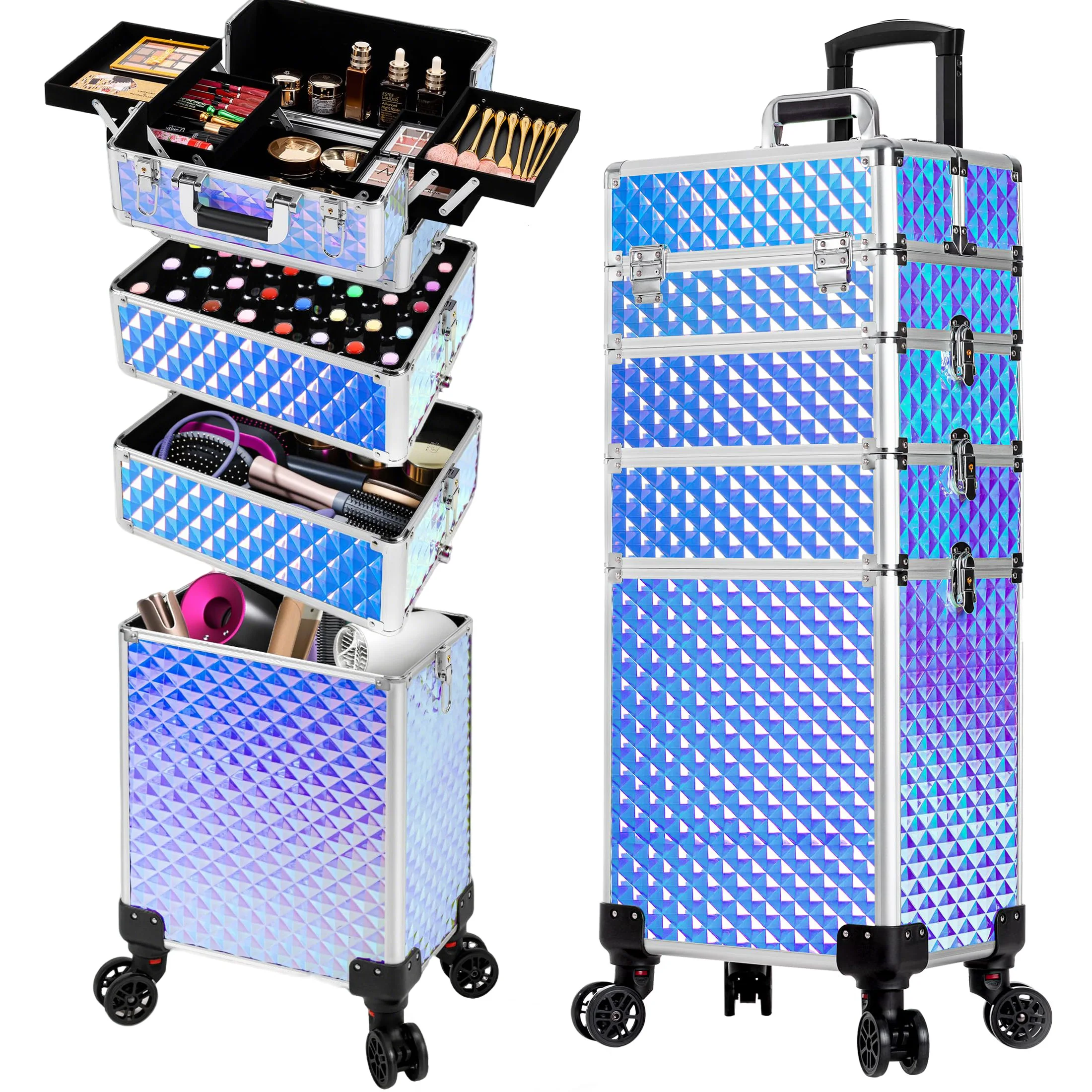 Rolling Makeup Train Case 4 in 1 Detachable Large Capacity Makeup Travel Case with Key Salon Barber Cases Traveling Cart Trunk