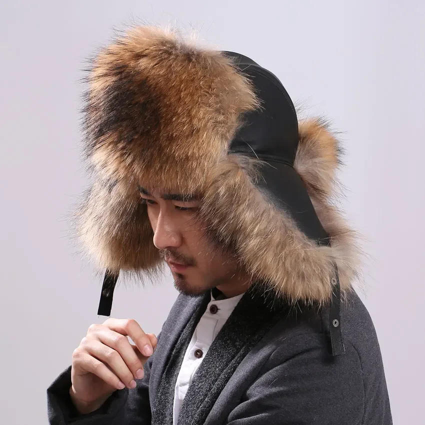 

Genuine Raccoon Fur Hat with Ear Flaps Real Natural Fox Fur Caps for Russian Women Bomber Hats Trapper Cap with Real Leather Top