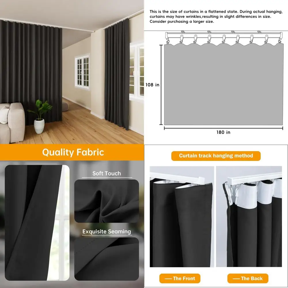 

Blackout Floor-to-Ceiling Curtains with Hooks, Wall Mount, Sliding Door, Ceiling Mount, Extra Wide for Room Divider or Separatio