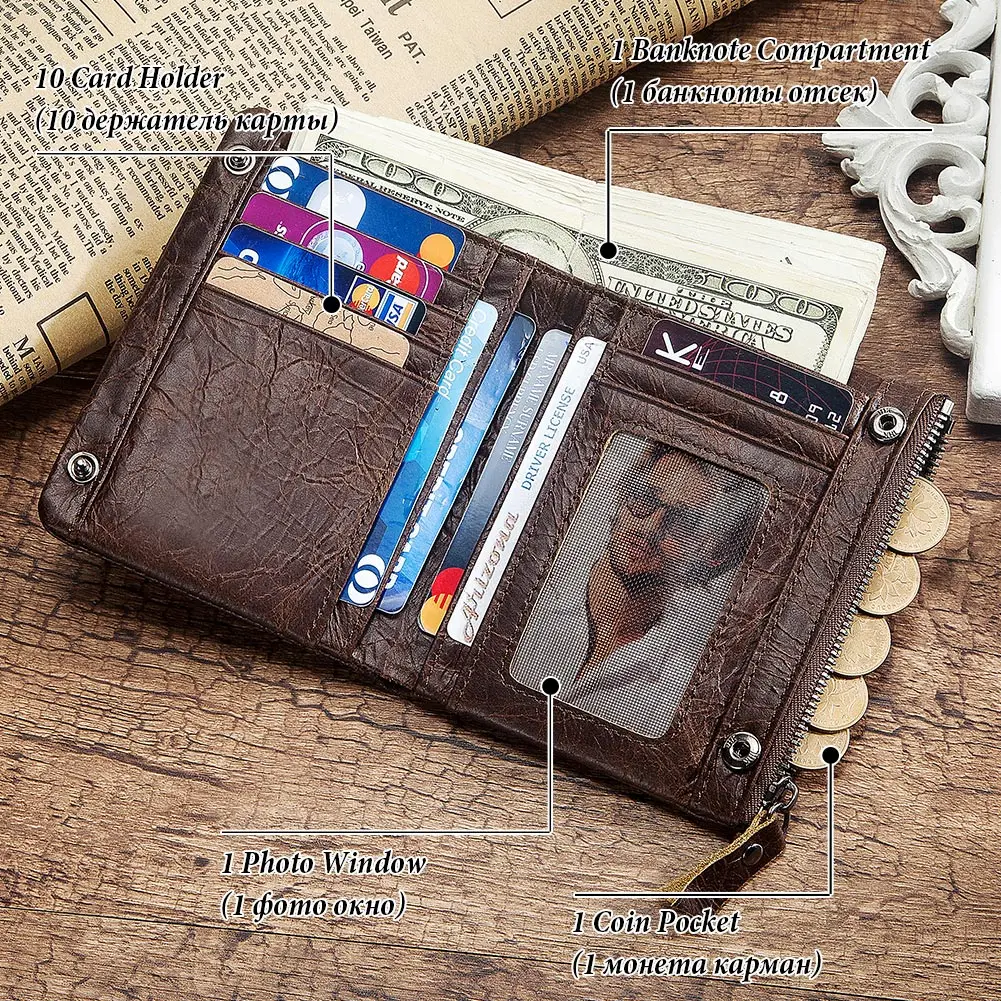 HUMERPAUL-남성용 짧은 지갑, 카드 홀더가 있는 정품 가죽 RFID 지갑, Bifold Zip Coin Pocket, Billetera Hombre Small